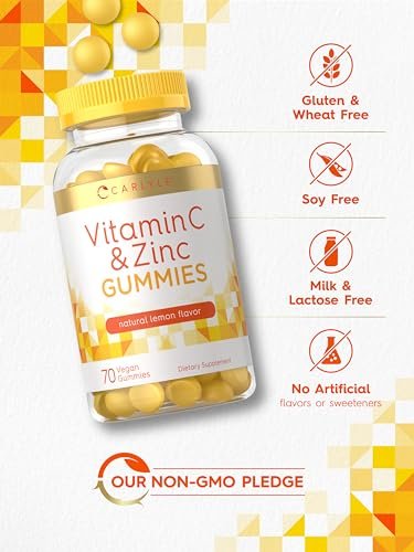 Carlyle Vitamin C + Zink Gummibärchen | 70 Stück | Zitronengeschmack | Vegan, Nicht-GVO & Glutenfrei