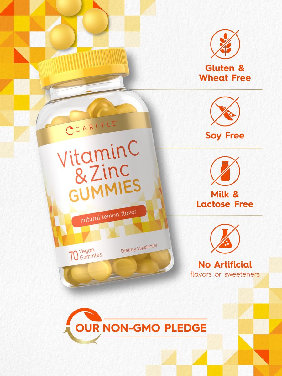 Carlyle Vitamin C + Zink Gummibärchen | 70 Stück | Zitronengeschmack | Vegan, Nicht-GVO & Glutenfrei