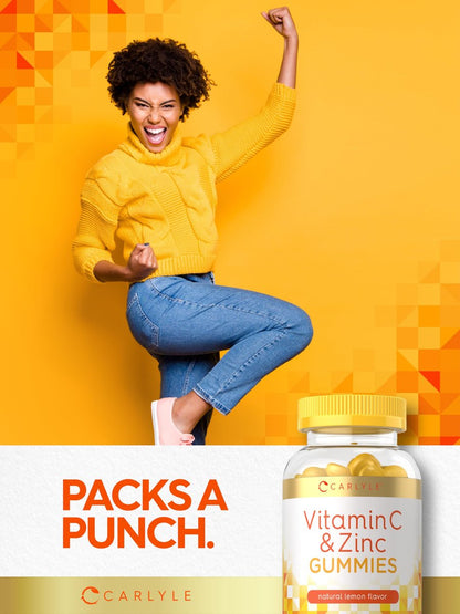 Carlyle Vitamin C + Zink Gummibärchen | 70 Stück | Zitronengeschmack | Vegan, Nicht-GVO & Glutenfrei