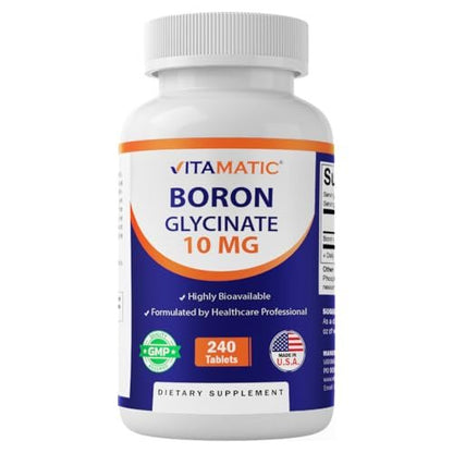 Vitamatic Chelatiertes Bor (als Glycinat) 10 mg - 240 Tabletten - Unterstützt Hormonhaushalt, Knochengesundheit & Bindegewebe