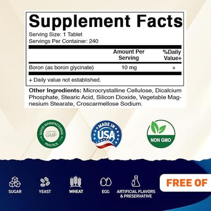 Vitamatic Chelatiertes Bor (als Glycinat) 10 mg - 240 Tabletten - Unterstützt Hormonhaushalt, Knochengesundheit & Bindegewebe