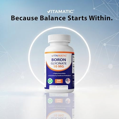Vitamatic Chelatiertes Bor (als Glycinat) 10 mg - 240 Tabletten - Unterstützt Hormonhaushalt, Knochengesundheit & Bindegewebe