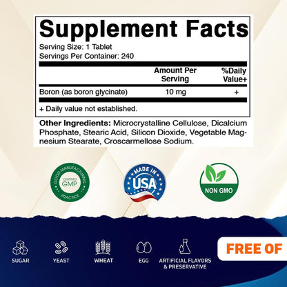 Vitamatic Chelatiertes Bor (als Glycinat) 10 mg - 240 Tabletten - Unterstützt Hormonhaushalt, Knochengesundheit & Bindegewebe