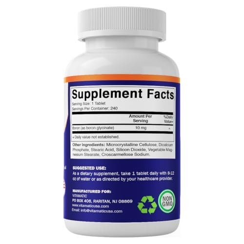 Vitamatic Chelatiertes Bor (als Glycinat) 10 mg - 240 Tabletten - Unterstützt Hormonhaushalt, Knochengesundheit & Bindegewebe