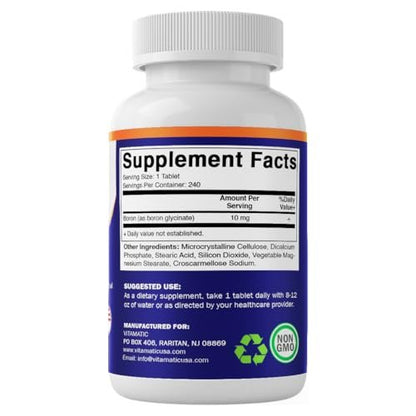 Vitamatic Chelatiertes Bor (als Glycinat) 10 mg - 240 Tabletten - Unterstützt Hormonhaushalt, Knochengesundheit & Bindegewebe