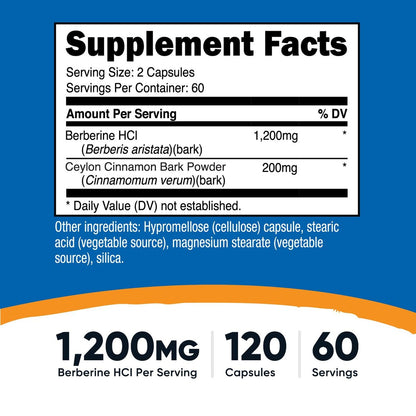 Nutricost Berberin HCl mit Ceylon Zimt Kapseln (120 Kapseln, 60 Portionen) - Non-GMO, Tierfrei