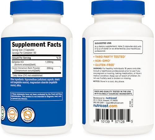 Nutricost Berberin HCl mit Ceylon Zimt Kapseln (120 Kapseln, 60 Portionen) - Non-GMO, Tierfrei