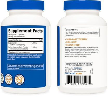 Nutricost Berberin HCl mit Ceylon Zimt Kapseln (120 Kapseln, 60 Portionen) - Non-GMO, Tierfrei