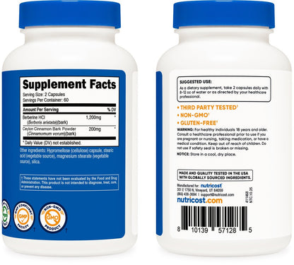 Nutricost Berberin HCl mit Ceylon Zimt Kapseln (120 Kapseln, 60 Portionen) - Non-GMO, Tierfrei