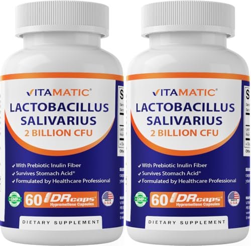 Vitamatic Lactobacillus Salivarius 2 Milliarden pro Kapsel - 60 Kapseln - Verdauungsunterstützung mit Präbiotikum Inulin (2 Flaschen)