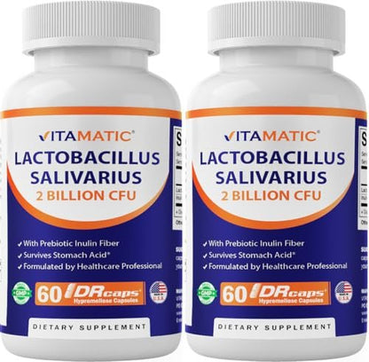 Vitamatic Lactobacillus Salivarius 2 Milliarden pro Kapsel - 60 Kapseln - Verdauungsunterstützung mit Präbiotikum Inulin (2 Flaschen)