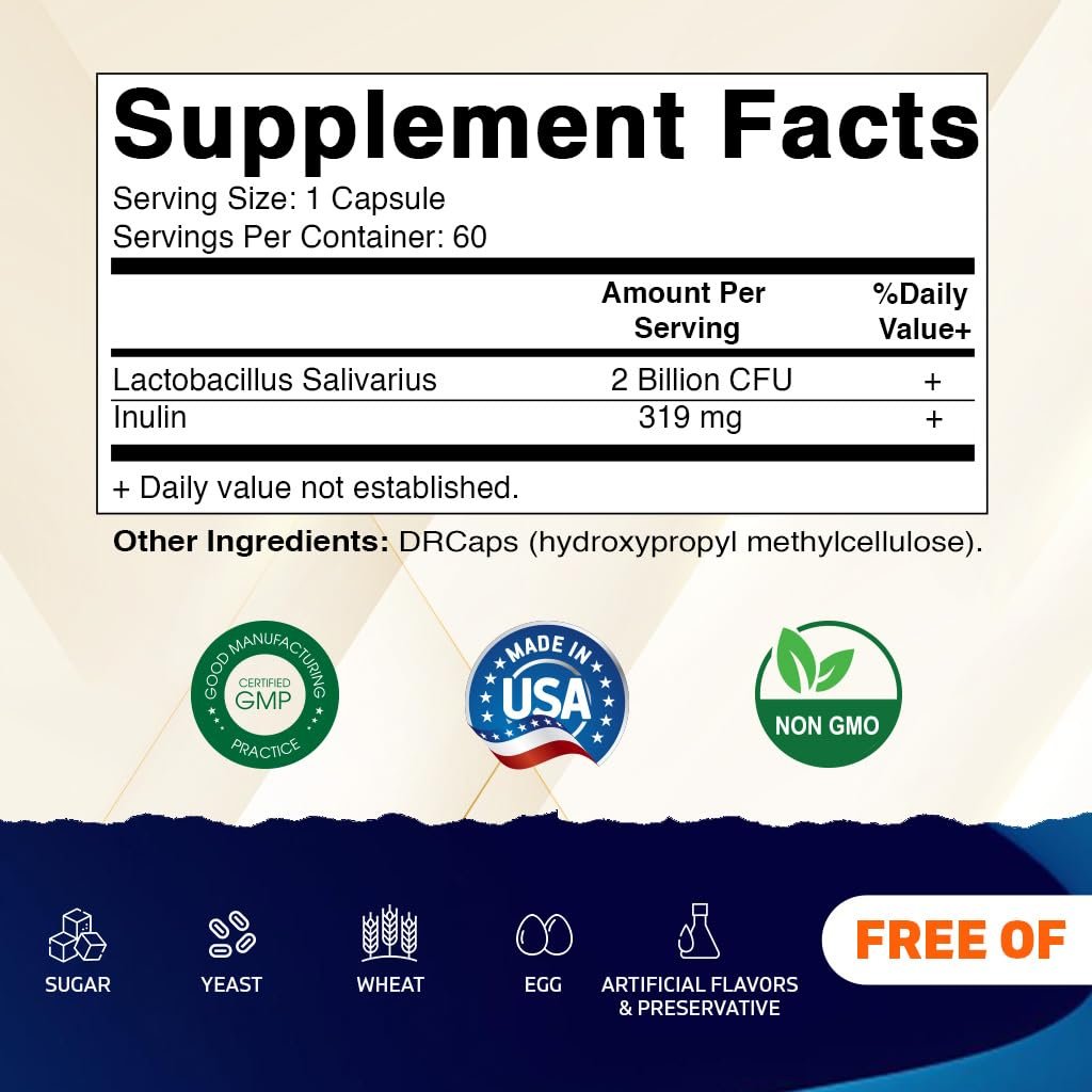 Vitamatic Lactobacillus Salivarius 2 Milliarden pro Kapsel - 60 Kapseln - Verdauungsunterstützung mit Präbiotikum Inulin (2 Flaschen)