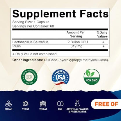 Vitamatic Lactobacillus Salivarius 2 Milliarden pro Kapsel - 60 Kapseln - Verdauungsunterstützung mit Präbiotikum Inulin (2 Flaschen)