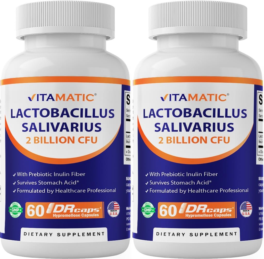 Vitamatic Lactobacillus Salivarius 2 Milliarden pro Kapsel - 60 Kapseln - Verdauungsunterstützung mit Präbiotikum Inulin (2 Flaschen)