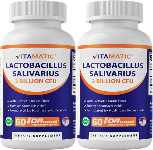 Vitamatic Lactobacillus Salivarius 2 Milliarden pro Kapsel - 60 Kapseln - Verdauungsunterstützung mit Präbiotikum Inulin (2 Flaschen)