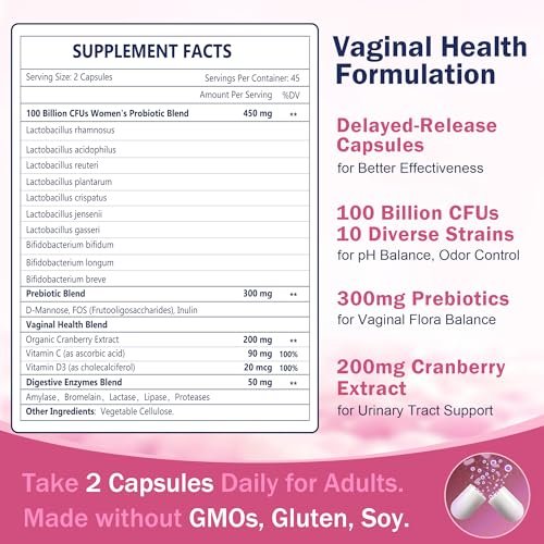 Vaginale Probiotika für Frauen, 100 Milliarden KBE Probiotika & Präbiotika mit Verdauungsenzymen, Cranberry & D-Mannose - Unterstützt pH-Gleichgewicht, Geruch und Harnwegsgesundheit - 90 Kapseln