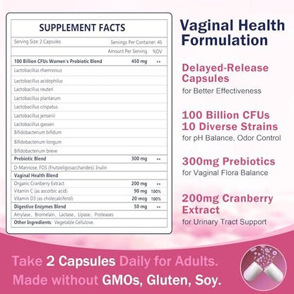 Vaginale Probiotika für Frauen, 100 Milliarden KBE Probiotika & Präbiotika mit Verdauungsenzymen, Cranberry & D-Mannose - Unterstützt pH-Gleichgewicht, Geruch und Harnwegsgesundheit - 90 Kapseln