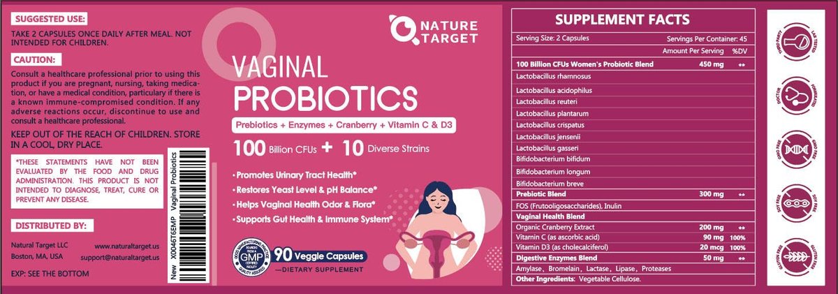 Vaginale Probiotika für Frauen, 100 Milliarden KBE Probiotika & Präbiotika mit Verdauungsenzymen, Cranberry & D-Mannose - Unterstützt pH-Gleichgewicht, Geruch und Harnwegsgesundheit - 90 Kapseln