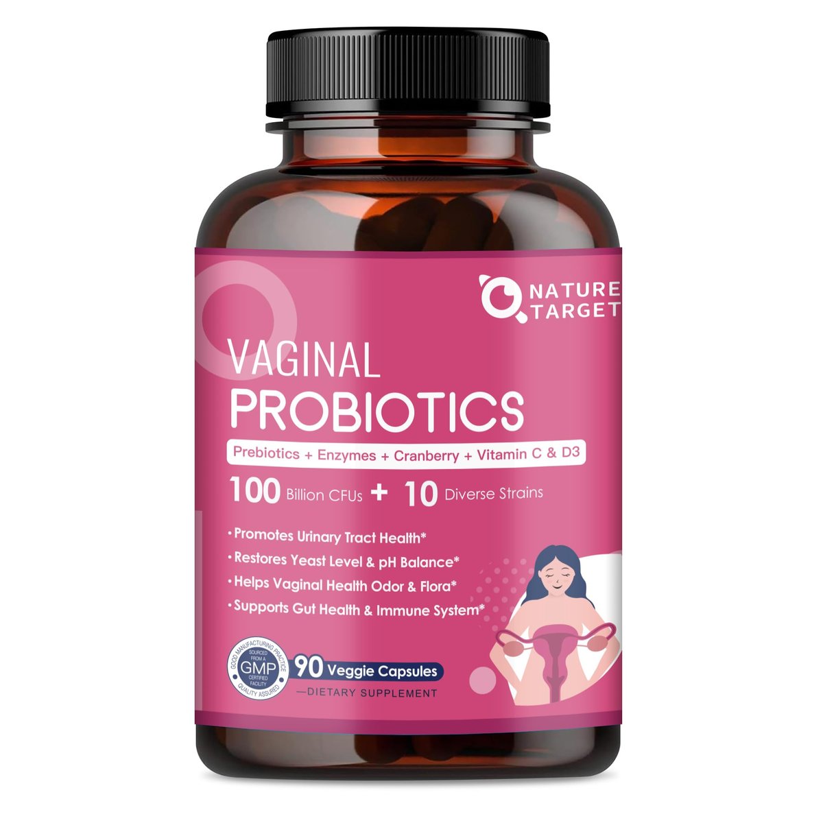 Vaginale Probiotika für Frauen, 100 Milliarden KBE Probiotika & Präbiotika mit Verdauungsenzymen, Cranberry & D-Mannose - Unterstützt pH-Gleichgewicht, Geruch und Harnwegsgesundheit - 90 Kapseln
