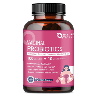 Vaginale Probiotika für Frauen, 100 Milliarden KBE Probiotika & Präbiotika mit Verdauungsenzymen, Cranberry & D-Mannose - Unterstützt pH-Gleichgewicht, Geruch und Harnwegsgesundheit - 90 Kapseln