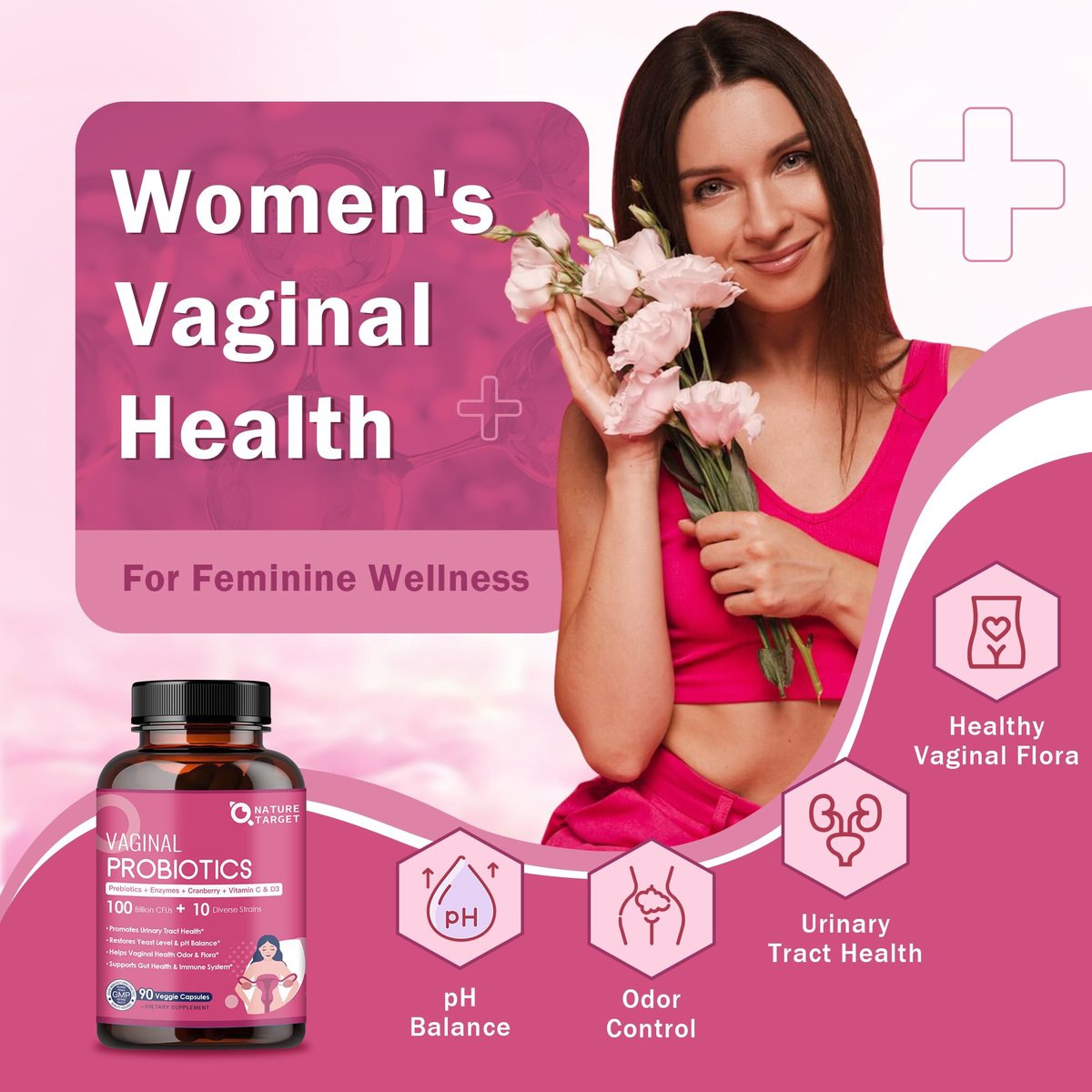 Vaginale Probiotika für Frauen, 100 Milliarden KBE Probiotika & Präbiotika mit Verdauungsenzymen, Cranberry & D-Mannose - Unterstützt pH-Gleichgewicht, Geruch und Harnwegsgesundheit - 90 Kapseln