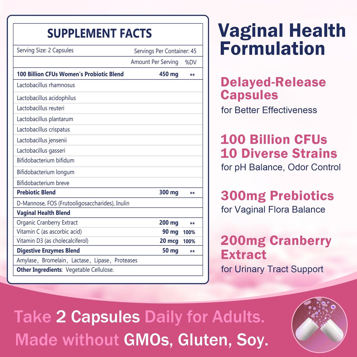 Vaginale Probiotika für Frauen, 100 Milliarden KBE Probiotika & Präbiotika mit Verdauungsenzymen, Cranberry & D-Mannose - Unterstützt pH-Gleichgewicht, Geruch und Harnwegsgesundheit - 90 Kapseln