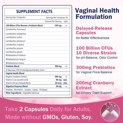 Vaginale Probiotika für Frauen, 100 Milliarden KBE Probiotika & Präbiotika mit Verdauungsenzymen, Cranberry & D-Mannose - Unterstützt pH-Gleichgewicht, Geruch und Harnwegsgesundheit - 90 Kapseln