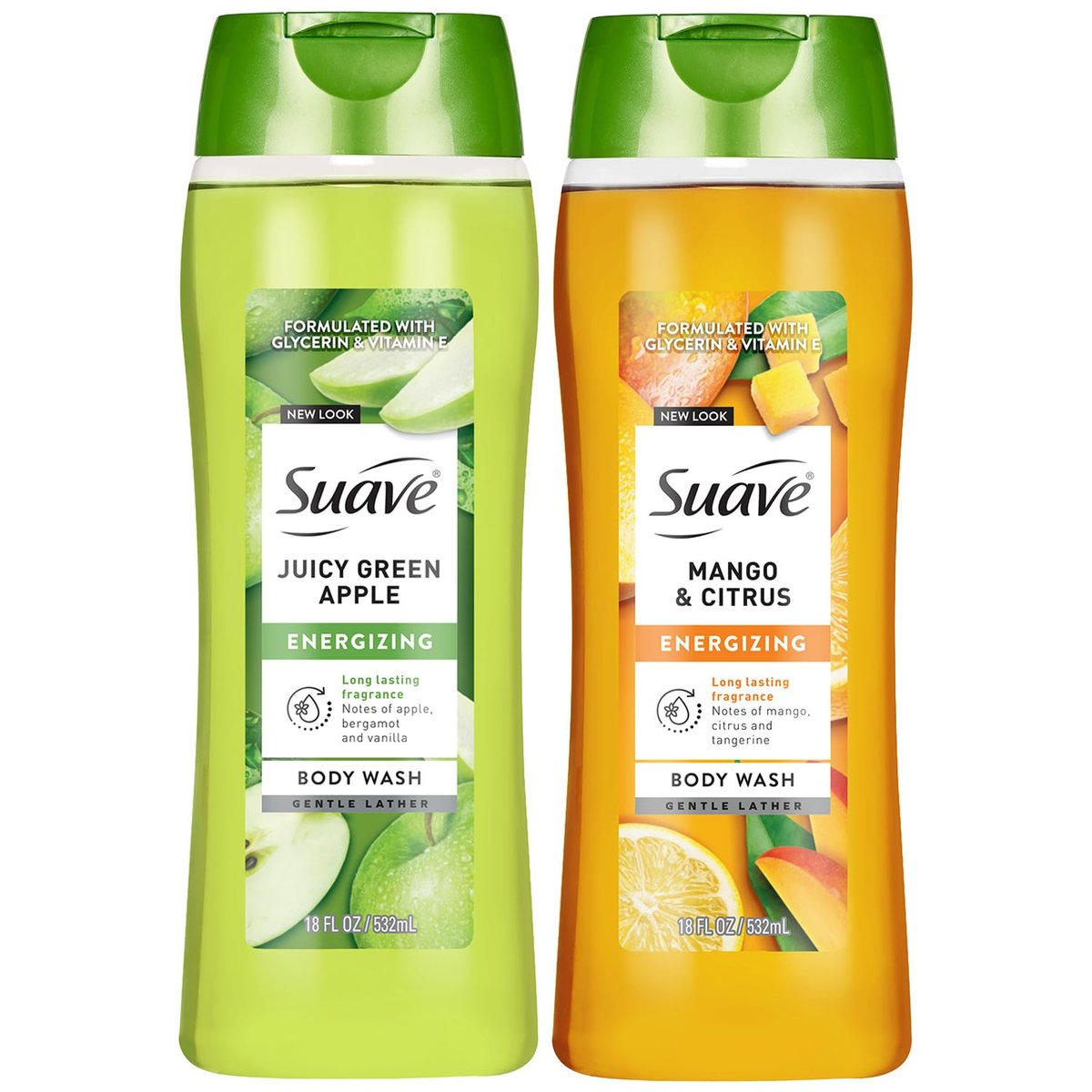Suave Duschgel Variety 2er-Pack, Saftiger Grüner Apfel + Mango Citrus – Sanfte Duschgele mit Fruchtmischung-Ölessenz, 2 x 532 ml