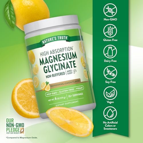 Nature's Truth Magnesium Glycinat Pulver | 170 g | Zitronengeschmack | Hohe Absorption | Vegan, Nicht-GVO, Glutenfrei