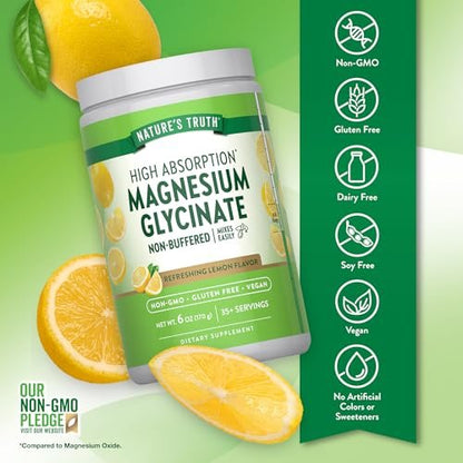 Nature's Truth Magnesium Glycinat Pulver | 170 g | Zitronengeschmack | Hohe Absorption | Vegan, Nicht-GVO, Glutenfrei