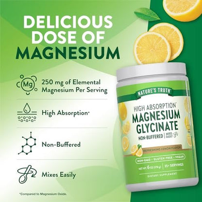 Nature's Truth Magnesium Glycinat Pulver | 170 g | Zitronengeschmack | Hohe Absorption | Vegan, Nicht-GVO, Glutenfrei