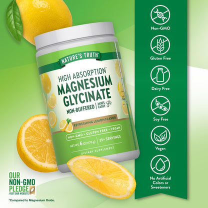 Nature's Truth Magnesium Glycinat Pulver | 170 g | Zitronengeschmack | Hohe Absorption | Vegan, Nicht-GVO, Glutenfrei