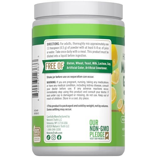 Nature's Truth Magnesium Glycinat Pulver | 170 g | Zitronengeschmack | Hohe Absorption | Vegan, Nicht-GVO, Glutenfrei