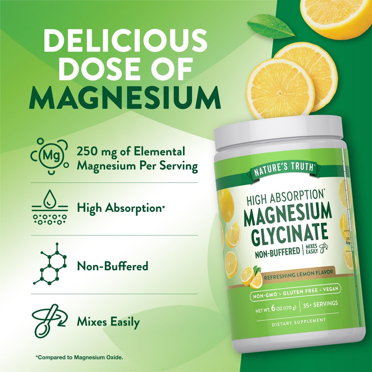 Nature's Truth Magnesium Glycinat Pulver | 170 g | Zitronengeschmack | Hohe Absorption | Vegan, Nicht-GVO, Glutenfrei