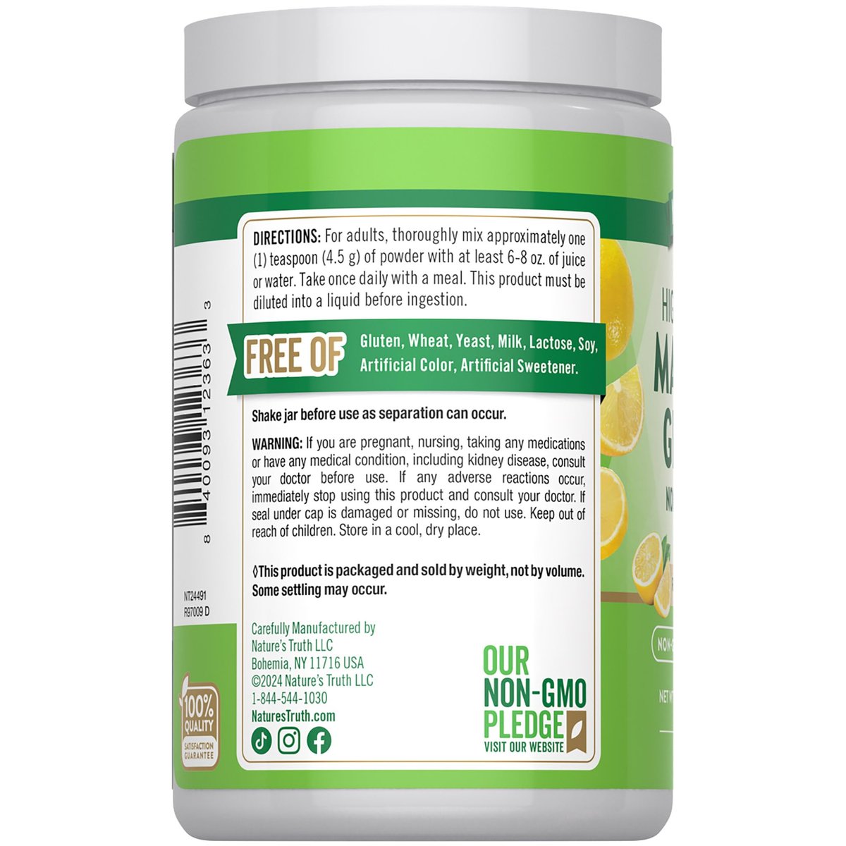 Nature's Truth Magnesium Glycinat Pulver | 170 g | Zitronengeschmack | Hohe Absorption | Vegan, Nicht-GVO, Glutenfrei