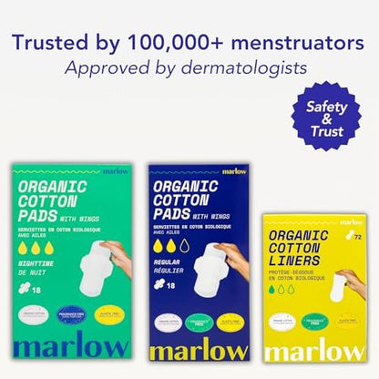 Marlow 100% Bio-Baumwoll-Pads – Plastikfrei, ohne Duftstoffe, Farbstoffe & Chlorbleiche, ultraweich, auslaufsicher, saugstark mit extra klebrigen Flügeln, Normal (Tag), Weiß