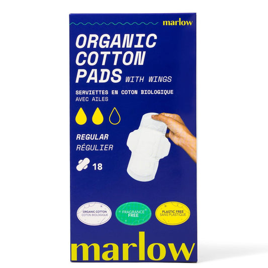 Marlow 100% Bio-Baumwoll-Pads – Plastikfrei, ohne Duftstoffe, Farbstoffe & Chlorbleiche, ultraweich, auslaufsicher, saugstark mit extra klebrigen Flügeln, Normal (Tag), Weiß