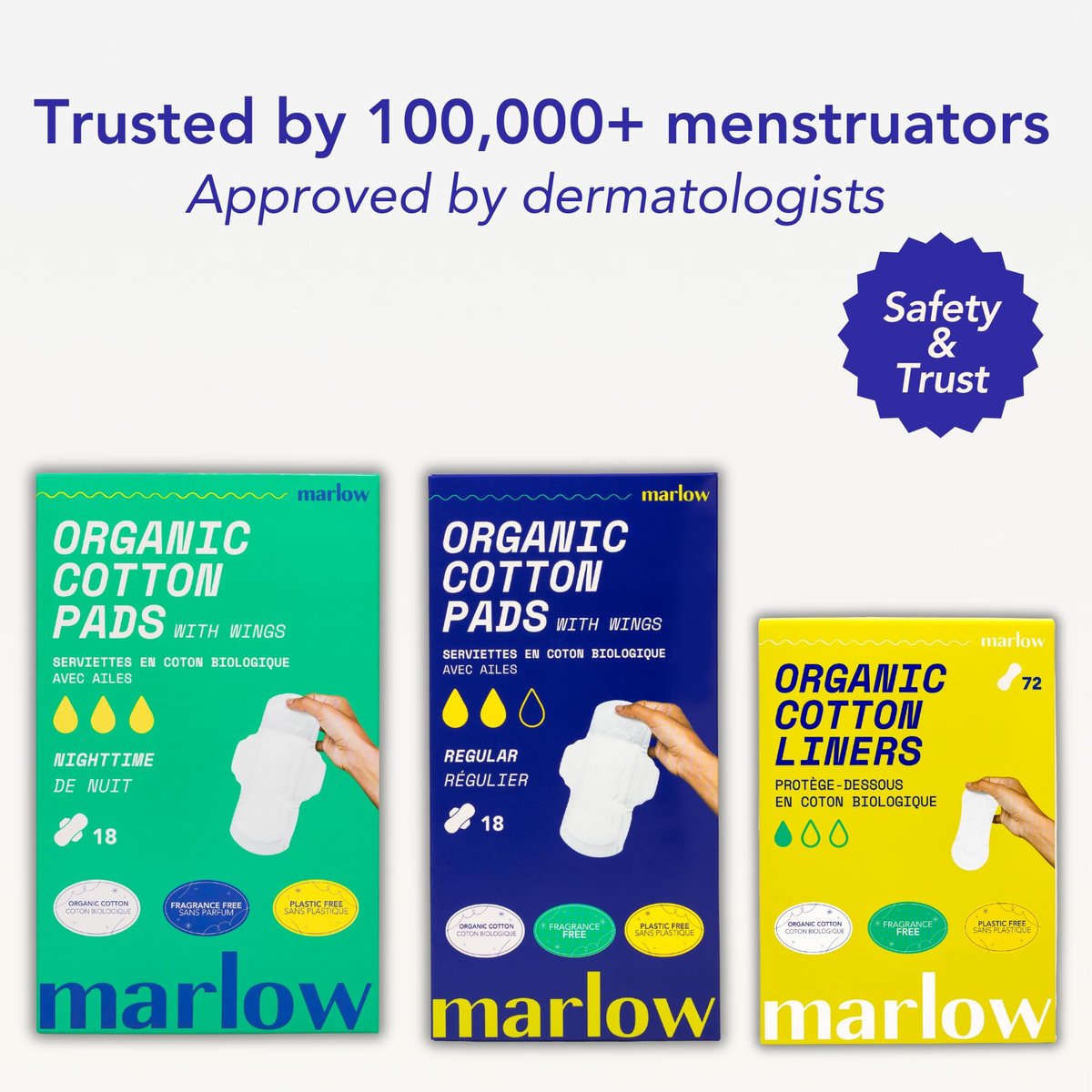 Marlow 100% Bio-Baumwoll-Pads – Plastikfrei, ohne Duftstoffe, Farbstoffe & Chlorbleiche, ultraweich, auslaufsicher, saugstark mit extra klebrigen Flügeln, Normal (Tag), Weiß