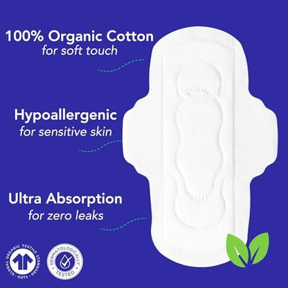 Marlow 100% Bio-Baumwoll-Pads – Plastikfrei, ohne Duftstoffe, Farbstoffe & Chlorbleiche, ultraweich, auslaufsicher, saugstark mit extra klebrigen Flügeln, Normal (Tag), Weiß