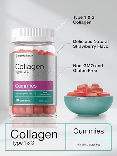 Horbäach Kollagen Gummibärchen | 70 Stück | Erdbeergeschmack | für Frauen und Männer | Kollagenpeptide Typ 1 und 3 | Nicht-GVO, glutenfreies Nahrungsergänzungsmittel