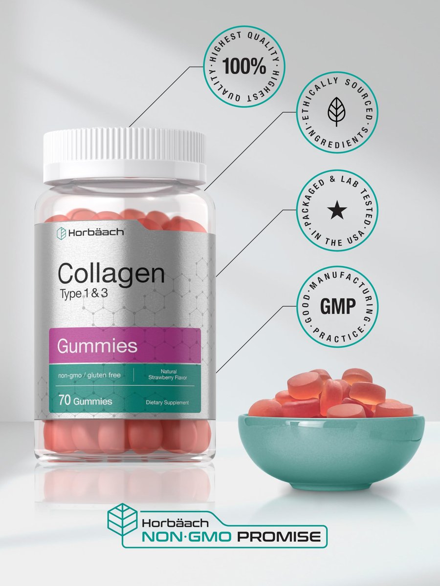 Horbäach Kollagen Gummibärchen | 70 Stück | Erdbeergeschmack | für Frauen und Männer | Kollagenpeptide Typ 1 und 3 | Nicht-GVO, glutenfreies Nahrungsergänzungsmittel