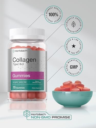 Horbäach Kollagen Gummibärchen | 70 Stück | Erdbeergeschmack | für Frauen und Männer | Kollagenpeptide Typ 1 und 3 | Nicht-GVO, glutenfreies Nahrungsergänzungsmittel