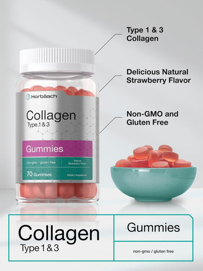 Horbäach Kollagen Gummibärchen | 70 Stück | Erdbeergeschmack | für Frauen und Männer | Kollagenpeptide Typ 1 und 3 | Nicht-GVO, glutenfreies Nahrungsergänzungsmittel