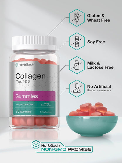 Horbäach Kollagen Gummibärchen | 70 Stück | Erdbeergeschmack | für Frauen und Männer | Kollagenpeptide Typ 1 und 3 | Nicht-GVO, glutenfreies Nahrungsergänzungsmittel