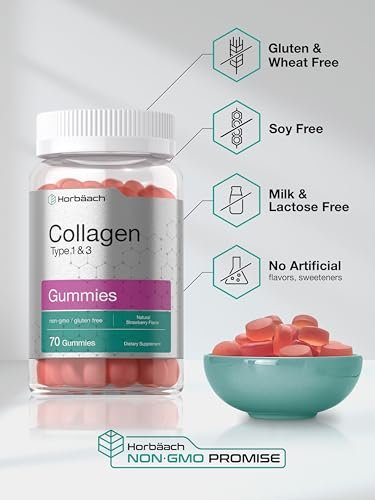 Horbäach Kollagen Gummibärchen | 70 Stück | Erdbeergeschmack | für Frauen und Männer | Kollagenpeptide Typ 1 und 3 | Nicht-GVO, glutenfreies Nahrungsergänzungsmittel