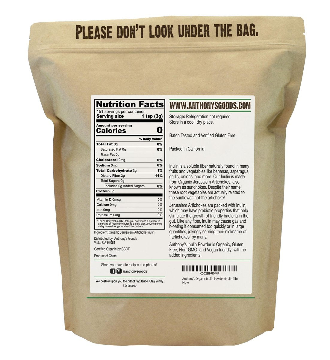 Anthonys Bio Inulin Pulver – 1 Pfund (454 g) Ballaststoff-Pulver, Präbiotikum