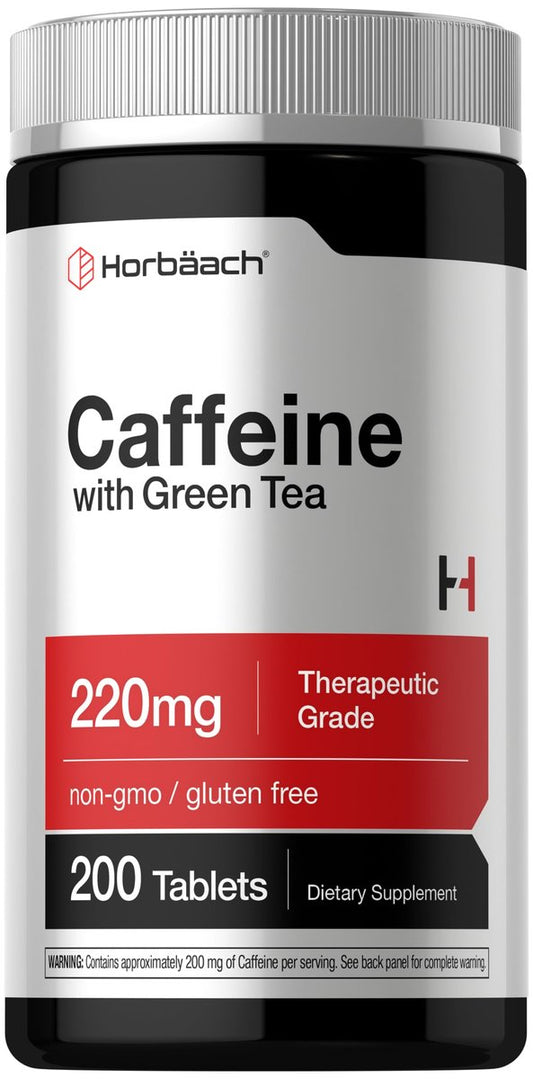 Horbäach Koffeinpillen 200 mg mit Grüntee – 200 Tabletten, Vegetarisch, Nicht-GVO & Glutenfrei