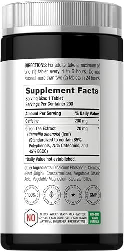 Horbäach Koffeinpillen 200 mg mit Grüntee – 200 Tabletten, Vegetarisch, Nicht-GVO & Glutenfrei
