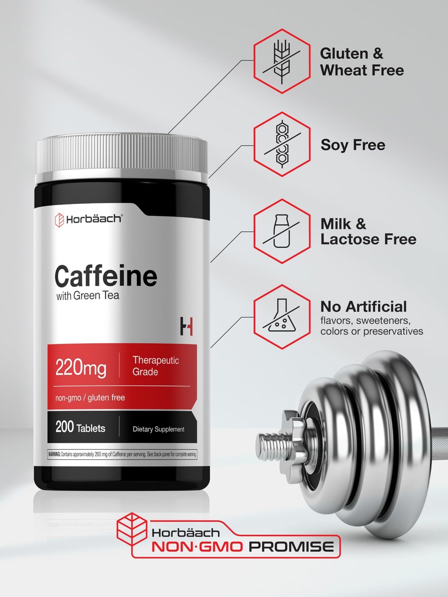 Horbäach Koffeinpillen 200 mg mit Grüntee – 200 Tabletten, Vegetarisch, Nicht-GVO & Glutenfrei
