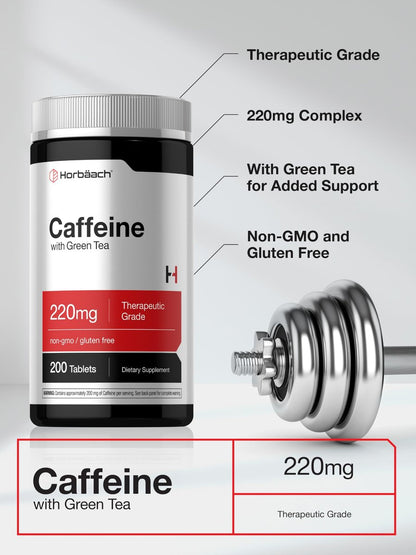 Horbäach Koffeinpillen 200 mg mit Grüntee – 200 Tabletten, Vegetarisch, Nicht-GVO & Glutenfrei